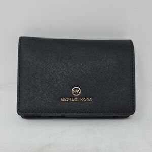 Michael Kors Mid Slim Black Textured Compact Wallet with Gold Logo